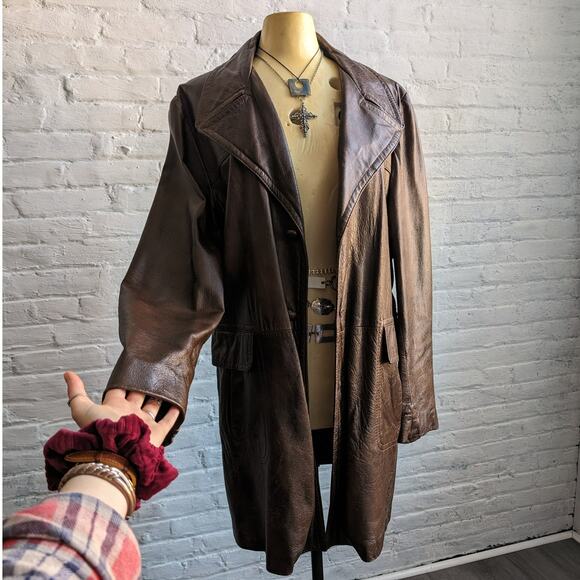 Vintage Brown Leather Jacket Western Trench Coat Earthy Cowboy Minimalist Coat L - Picture 3 of 10